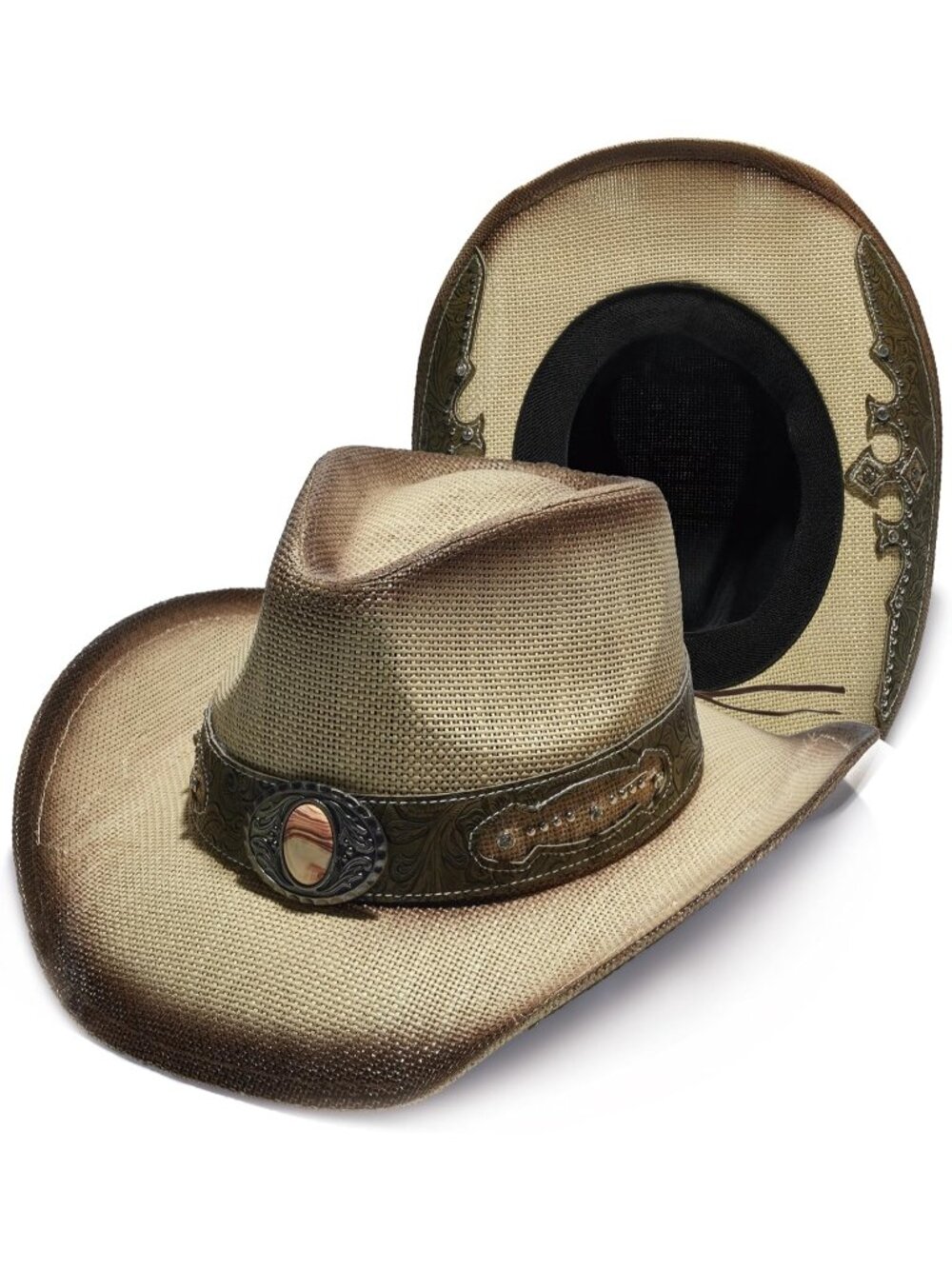 Unisex Embroidery Sand Western Straw Raffia Brim Sun Bands Cowboy Cowgirl Hat